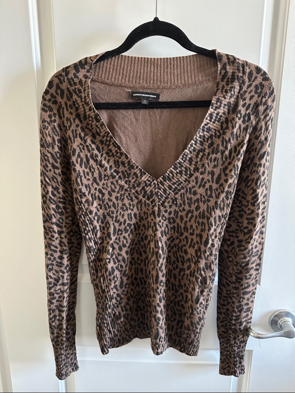 Express Leopard-Print V-Neck Sweater in Brown and Black